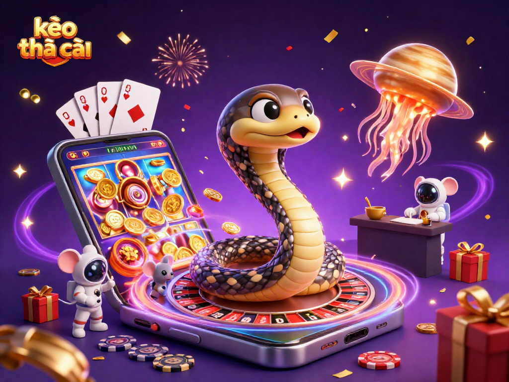 Experience kèo nhà cái excitement with vibrant cosmic gambling scene featuring snakes and astronaut mice