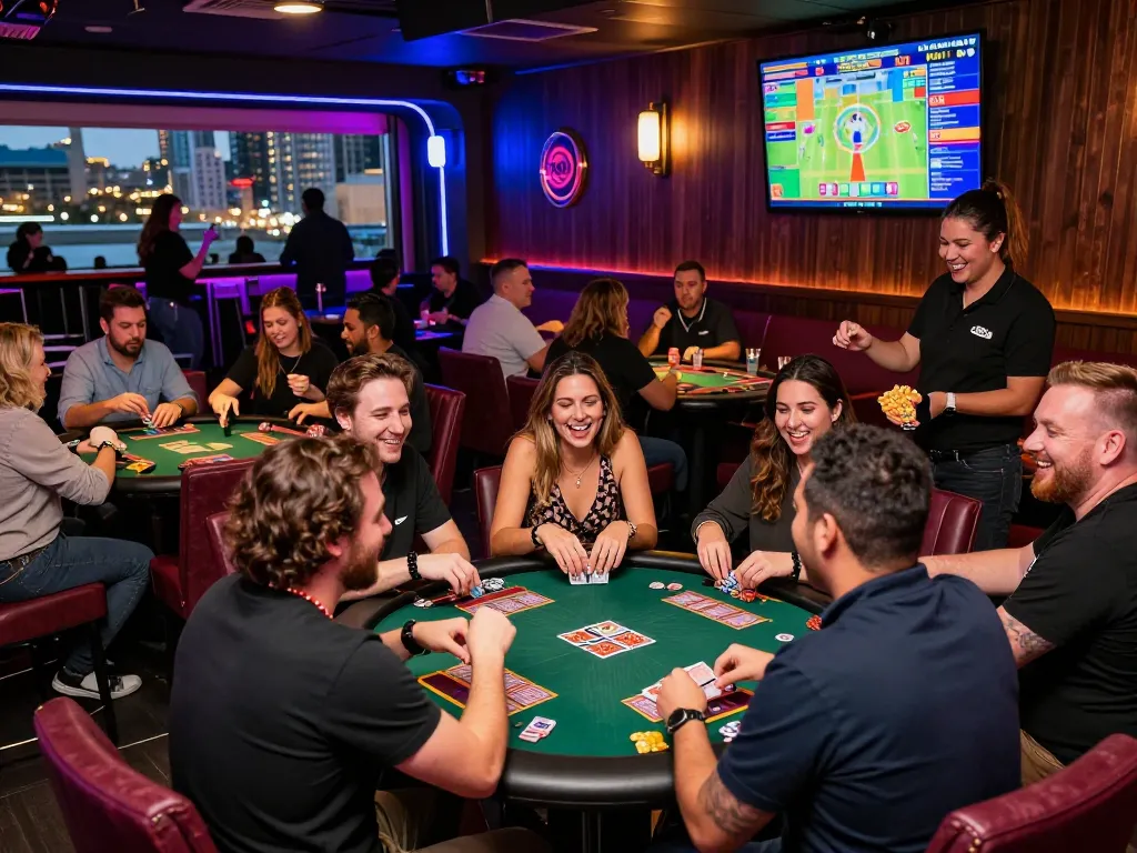 Exciting 789 club atmosphere with patrons enjoying card games amidst vibrant nightlife.