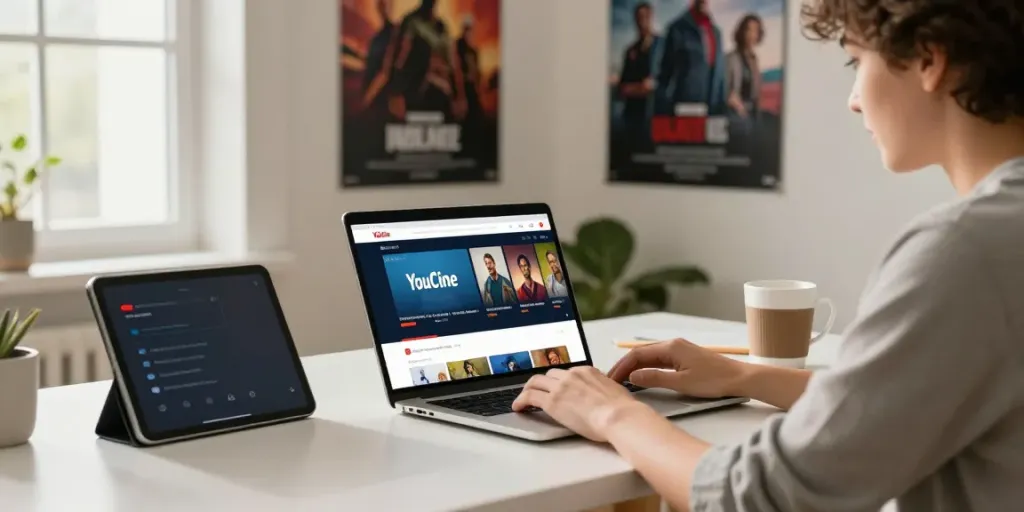 Profissional jovem explorando Youcine APK Para iOS em laptop, ambiente moderno e aconchegante.