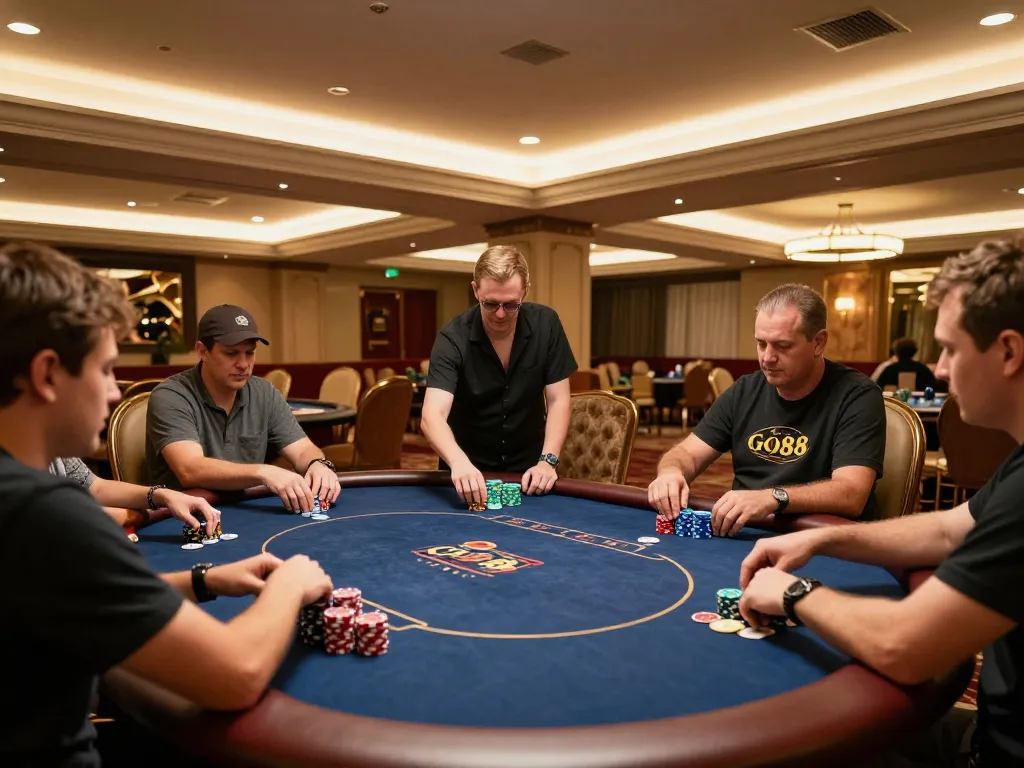 Players enjoy an intense Go8 poker game at elegant tables, showcasing strategic gameplay.