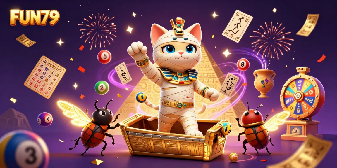 Experience the thrill of FUN79 with the Egyptian mummy cat and exciting casino elements.