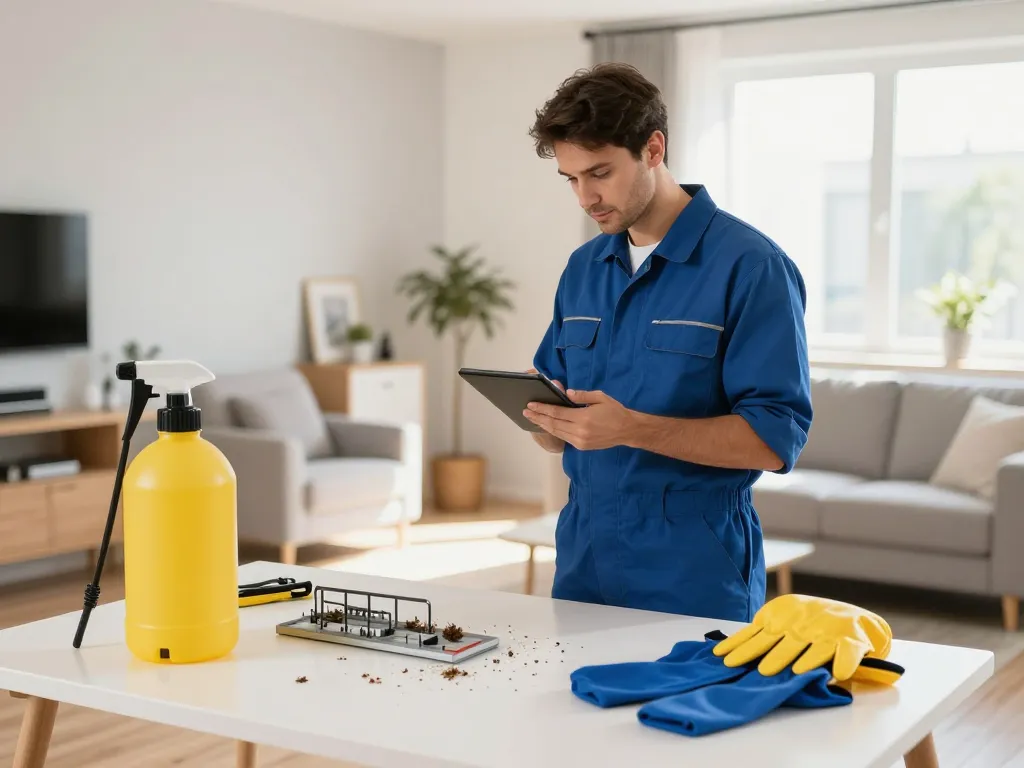 Dedetizadora technician inspecting home for pest control issues with professional equipment