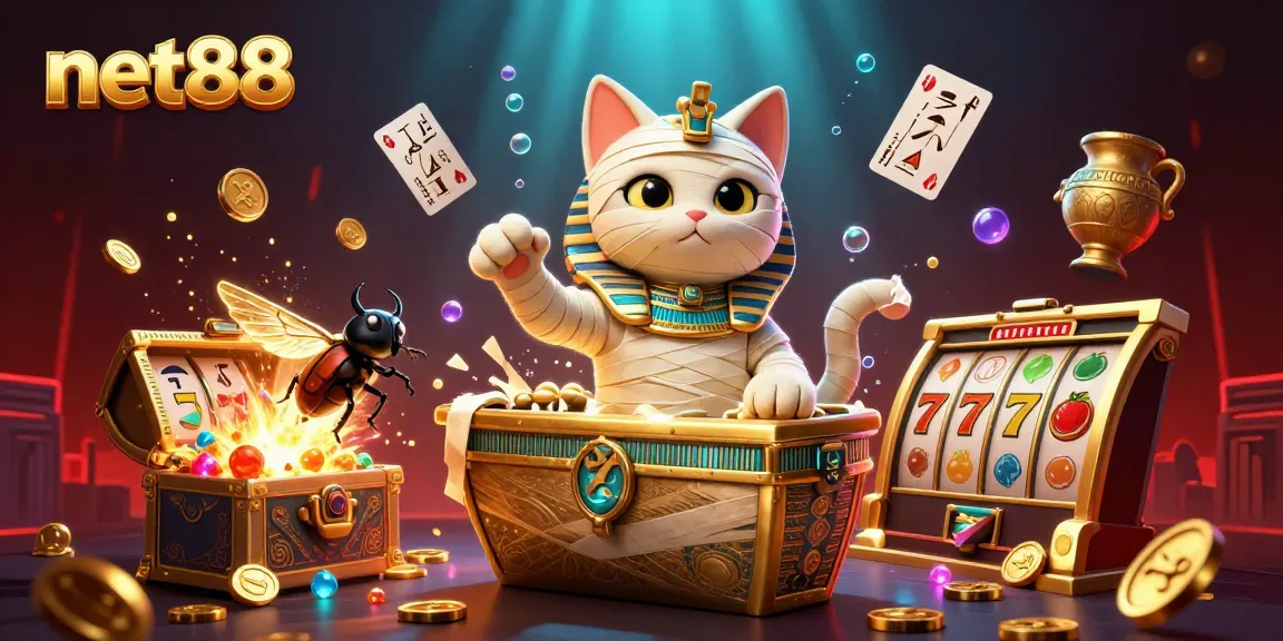 Spin the reels with net88's vibrant 3D Egyptian-themed casino illustration showcasing a mummy cat.