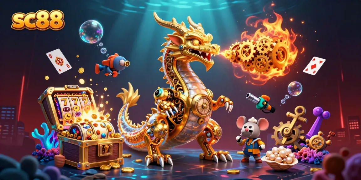 Experience excitement at sc88 with a golden dragon showcasing slot reels and treasures in a vibrant casino scene.