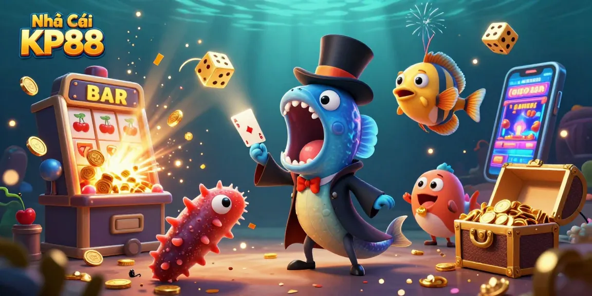 Engage with the enchanting world of Nhà Cái KP88, showcasing vibrant casino elements and action-packed gambling fun.