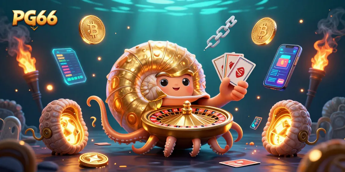 Engage with PG66 in a vibrant 3D illustrated casino scene featuring a giant nautilus as a roulette wheel with unique: crypto coins and NFTs.
