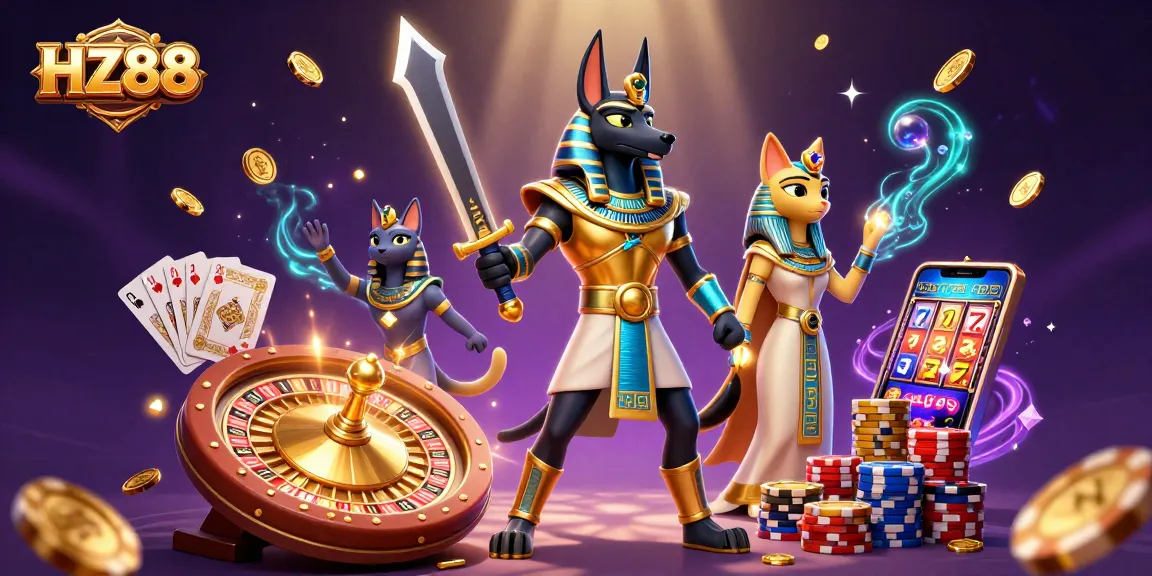 Experience HZ88 with the vibrant energy of a casino scene featuring Anubis and Bastet.