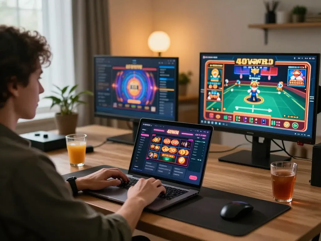 Engaging with the 40WIN casino app at home while enjoying a refreshing drink and snacks.
