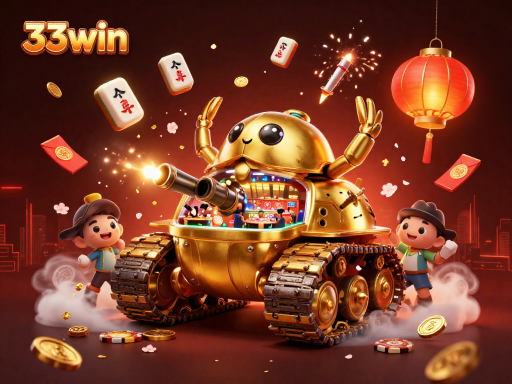 Play 33win at a vibrant, animated miniature casino with gold accents and festive elements.