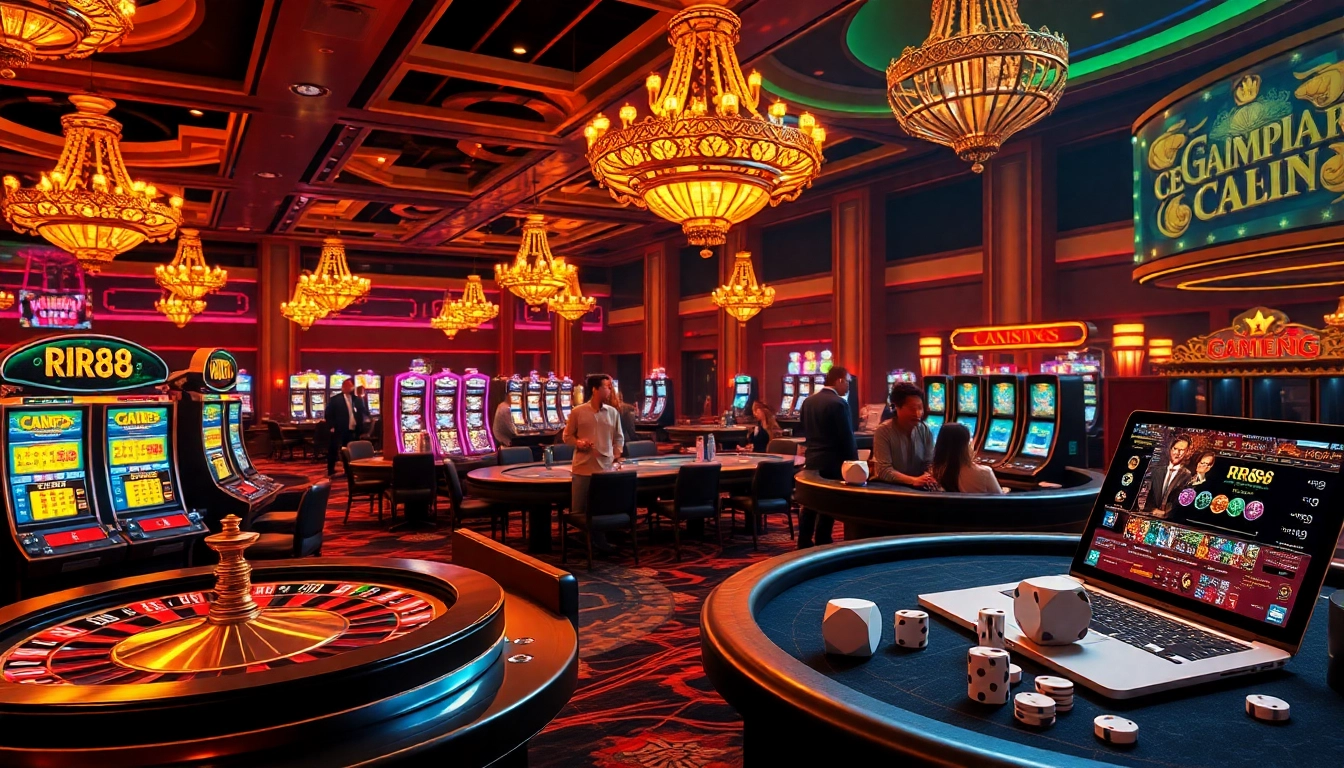 Experience the excitement of live gambling at https://rr88.select/, showcasing poker tables and vibrant casino elements.