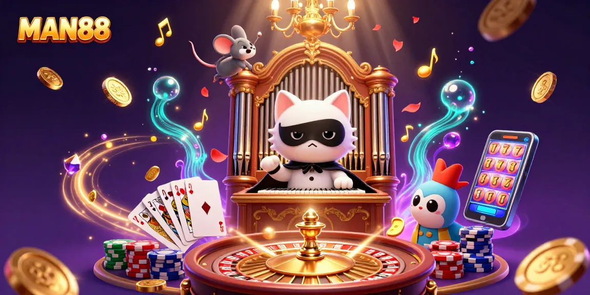 Experience thrilling gameplay at MAN88 with a 3D casino scene featuring animated characters and vibrant casino elements.
