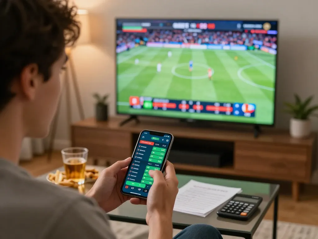 va88 sports betting enthusiast analyzing odds while watching live game on smartphone app