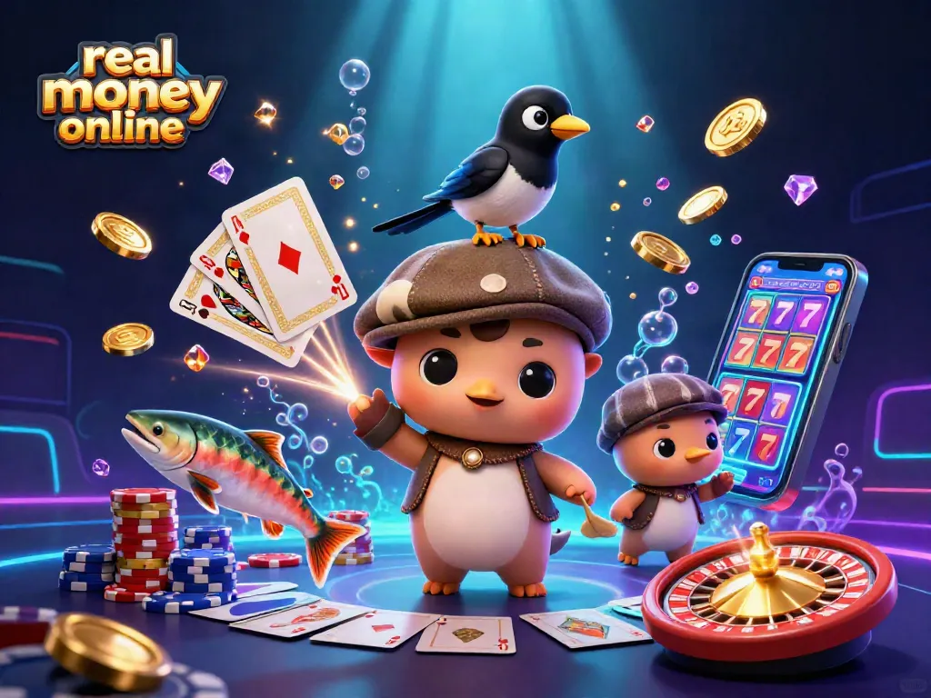 Real money casinos online scene with Nessie, coins, cards, and roulette for exciting gaming action.