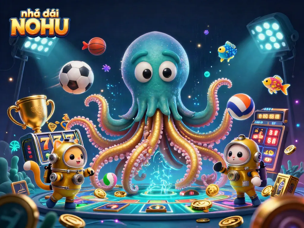 Engage with Nhà cái NOHU's thrilling gaming adventure featuring a kraken, diving cat, and deep-sea elements.