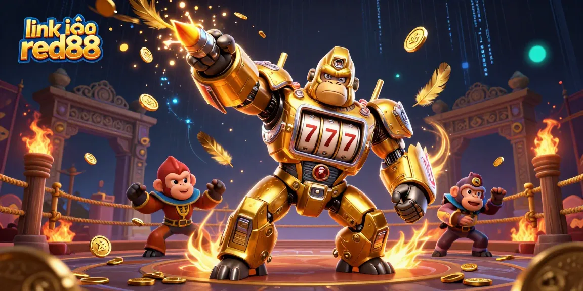 Engage in thrill with link vào red88 as a 3D mech celebrates jackpot with flying coins!