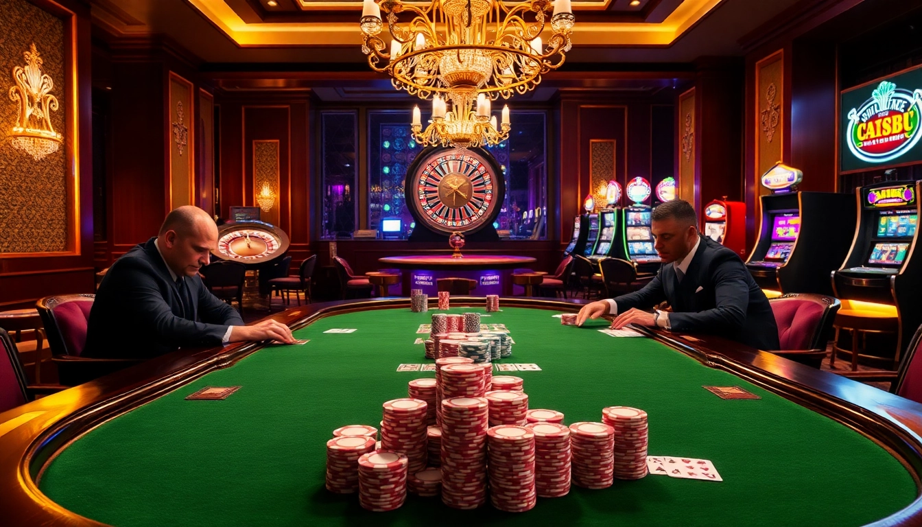 Engage in thrilling poker action at a luxurious rikbet casino table, showcasing vibrant chips and focused players.