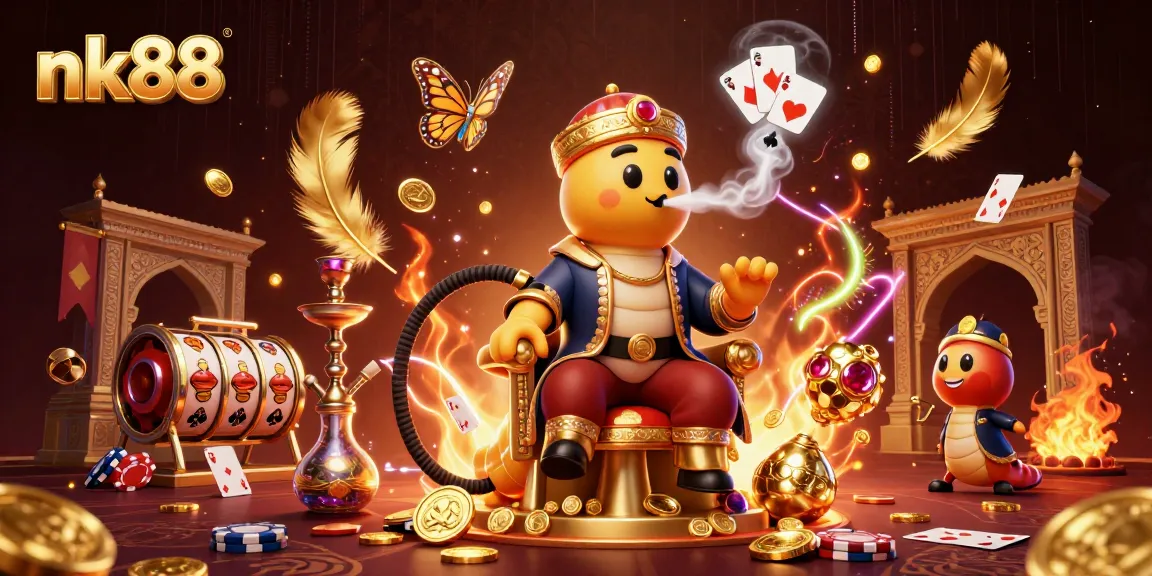 Experience thrill with nk88 through an exciting 3D casino scene filled with poker and slot elements.
