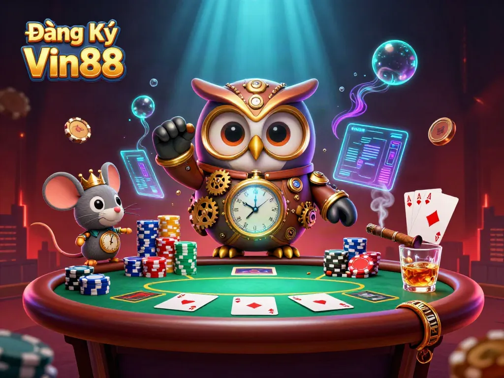 Engage in thrilling gameplay with Đăng Ký Vin88, featuring a colorful 3D casino scene with unique characters.