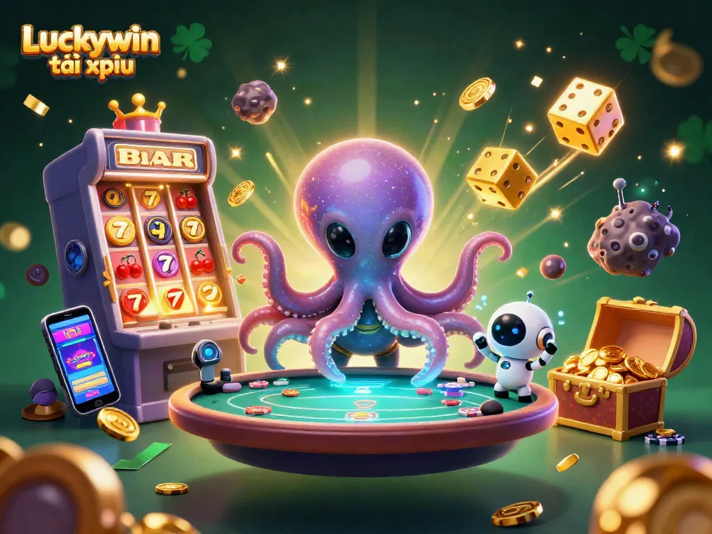 Engage in thrilling gameplay at Luckywin tài xỉu with a fun 3D alien octopus and vibrant game elements.