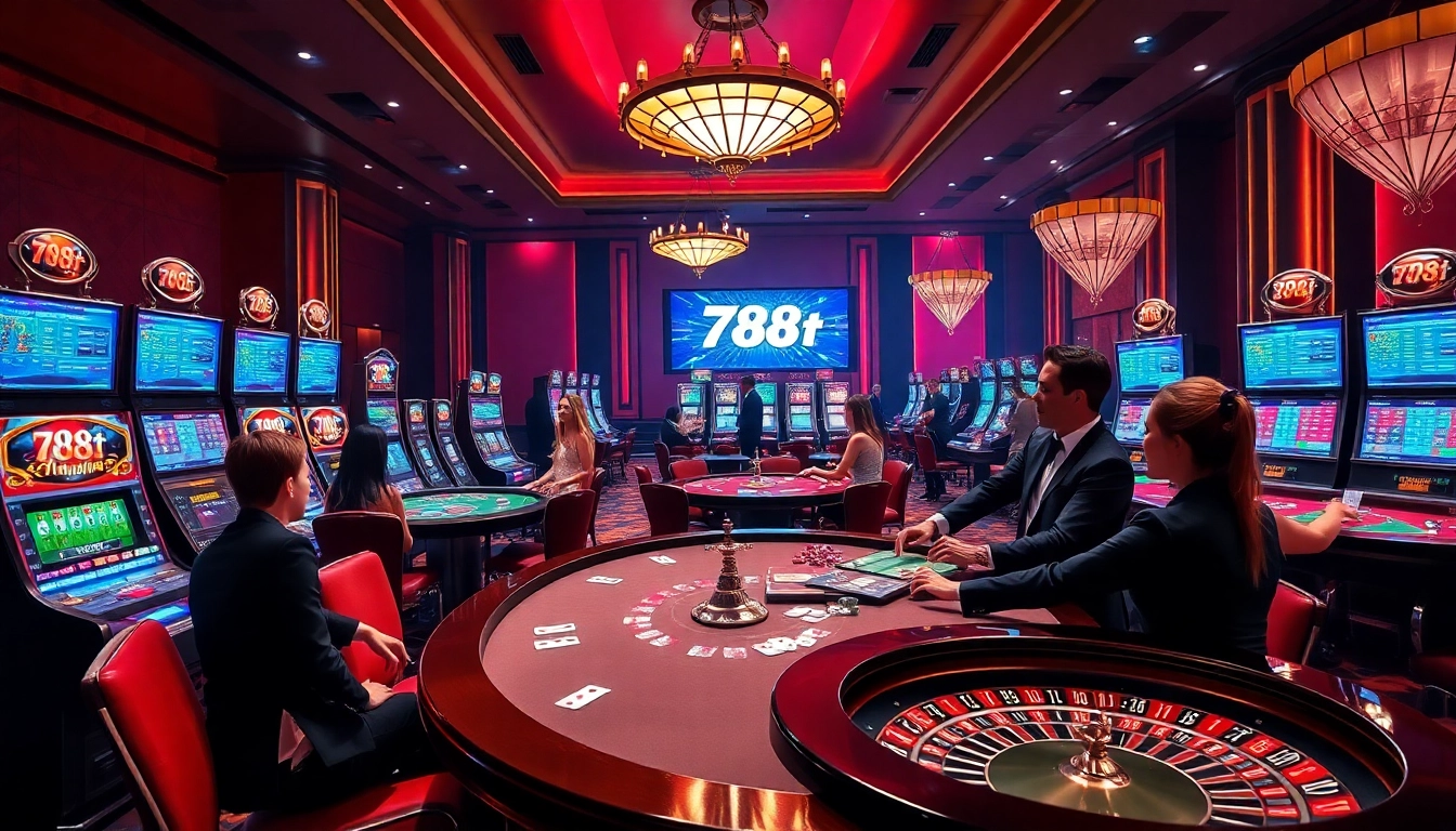 Exciting casino atmosphere featuring players at 788t with slot machines and roulette tables.