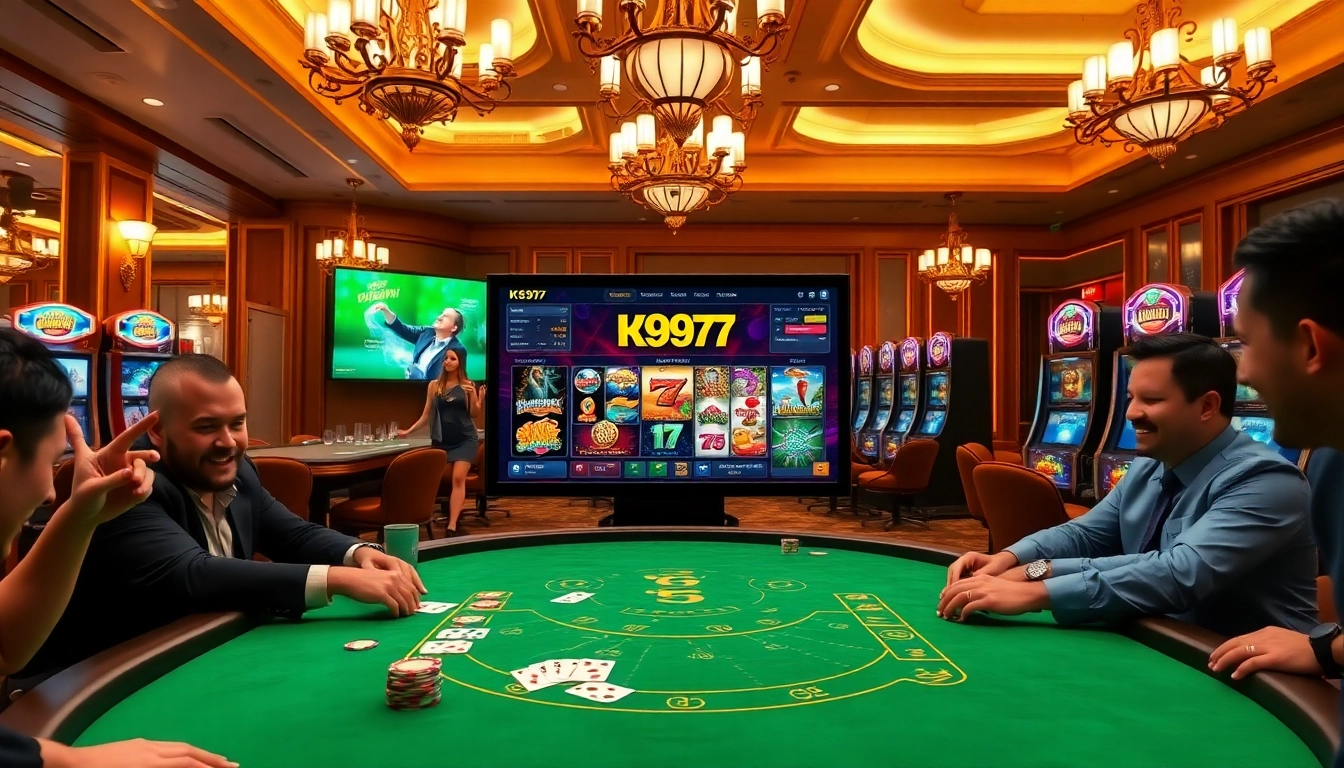 Interface do K997 mostrando ação emocionante de pôquer em uma mesa de cassino luxuosa.