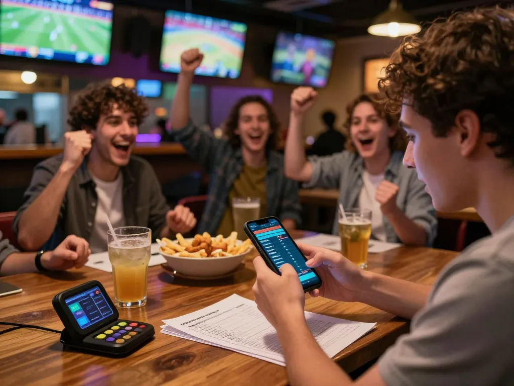 Engaged bettor analyzing live odds on smartphone at sports bar while enjoying games from https://22ff.br.com/.