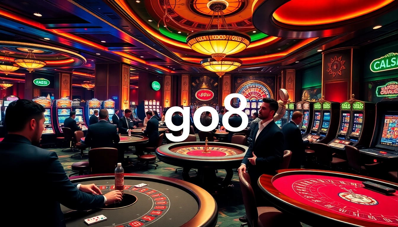 Gamblers at high-stakes tables showcasing luxurious casino action with go8 signage.
