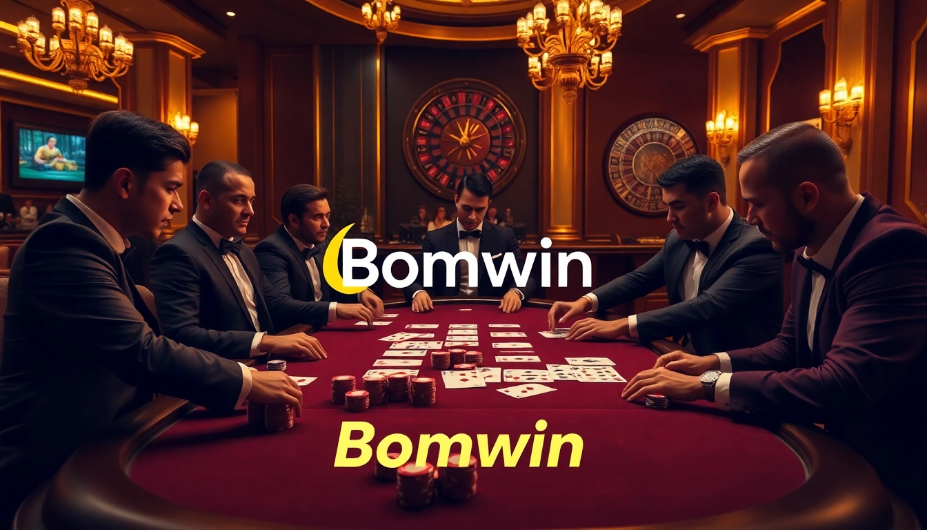 Experience thrilling poker action at Bomwin's luxurious casino table with vibrant chips and cards.