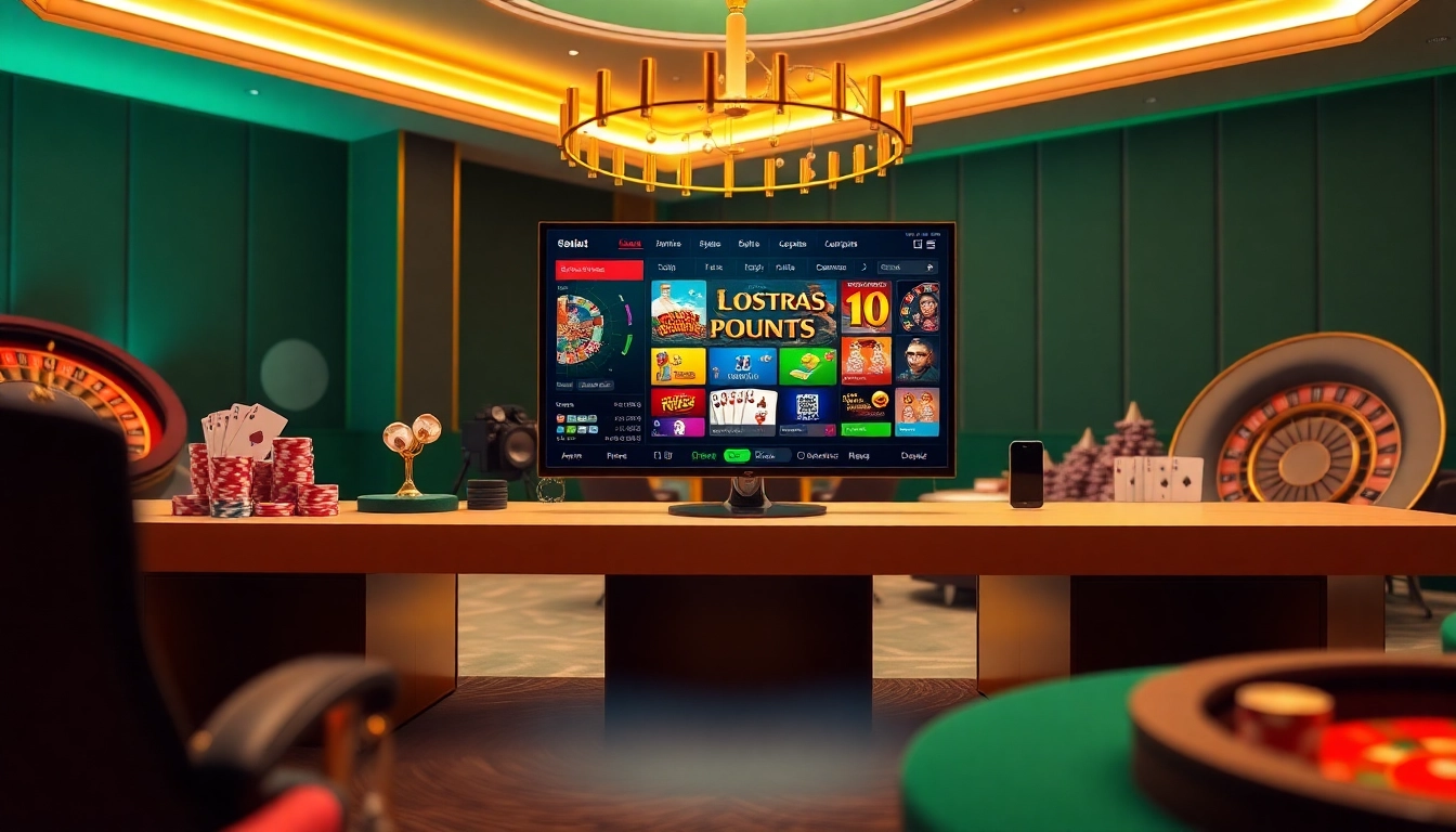 Ambiente empolgante de jogos online apresentando a 813bet com mesas de cassino, fichas de pôquer e displays vibrantes.