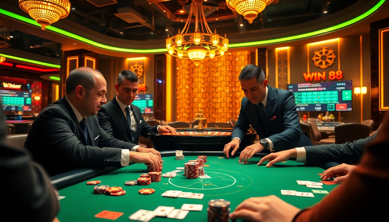 Engaging poker game scene showcasing Nhà cái win88 with vibrant chips and sophisticated atmosphere.