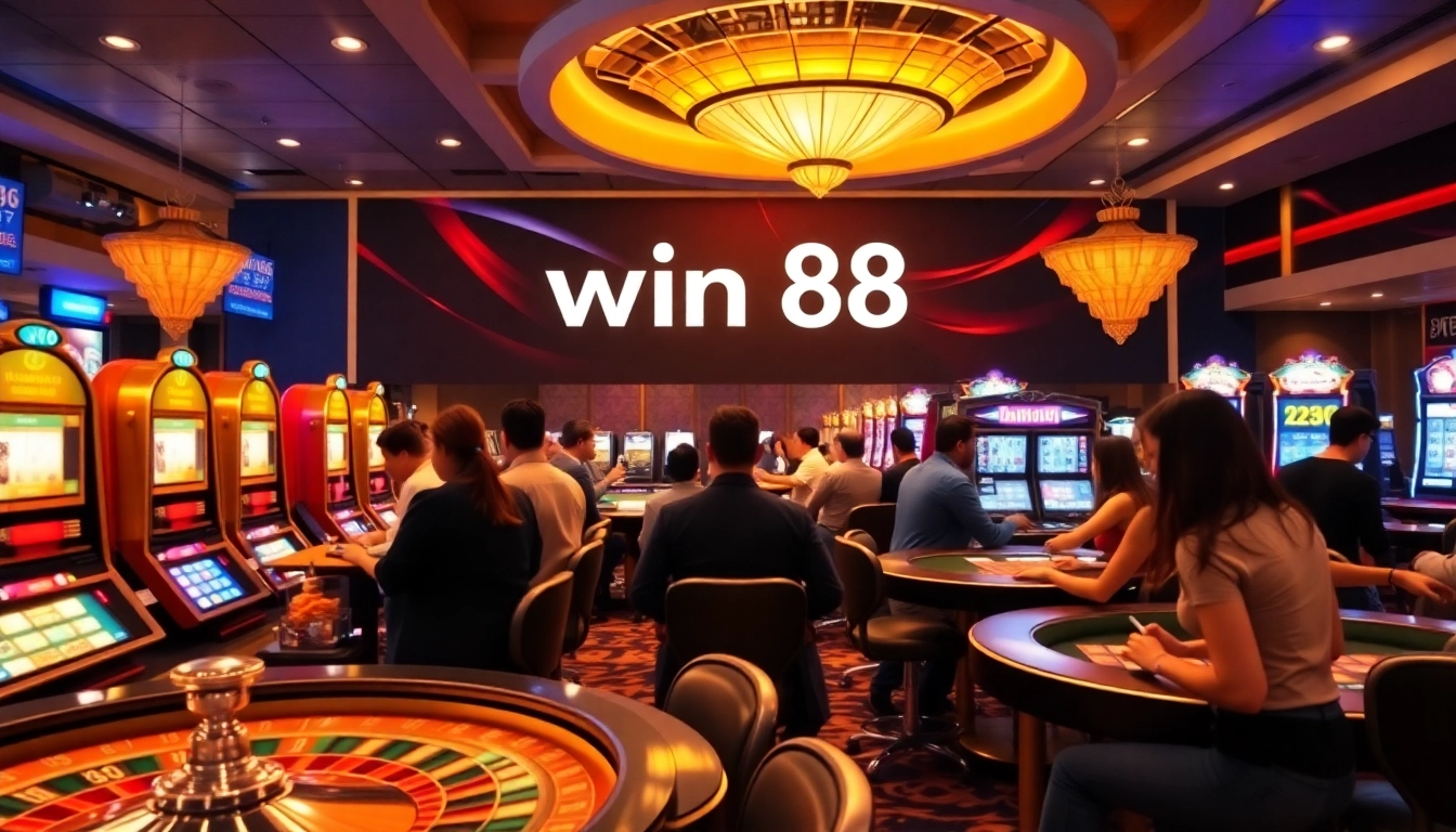 Experience the thrill of win 88 with an engaging casino scene featuring modern gaming tables and dynamic players.